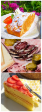 Bilder verschiedener Speisen (Strudel, Speckplatte, Erdbeertorte)