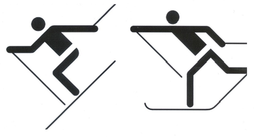 Skizze eines Langläufers und eines alpinen Schifahrers